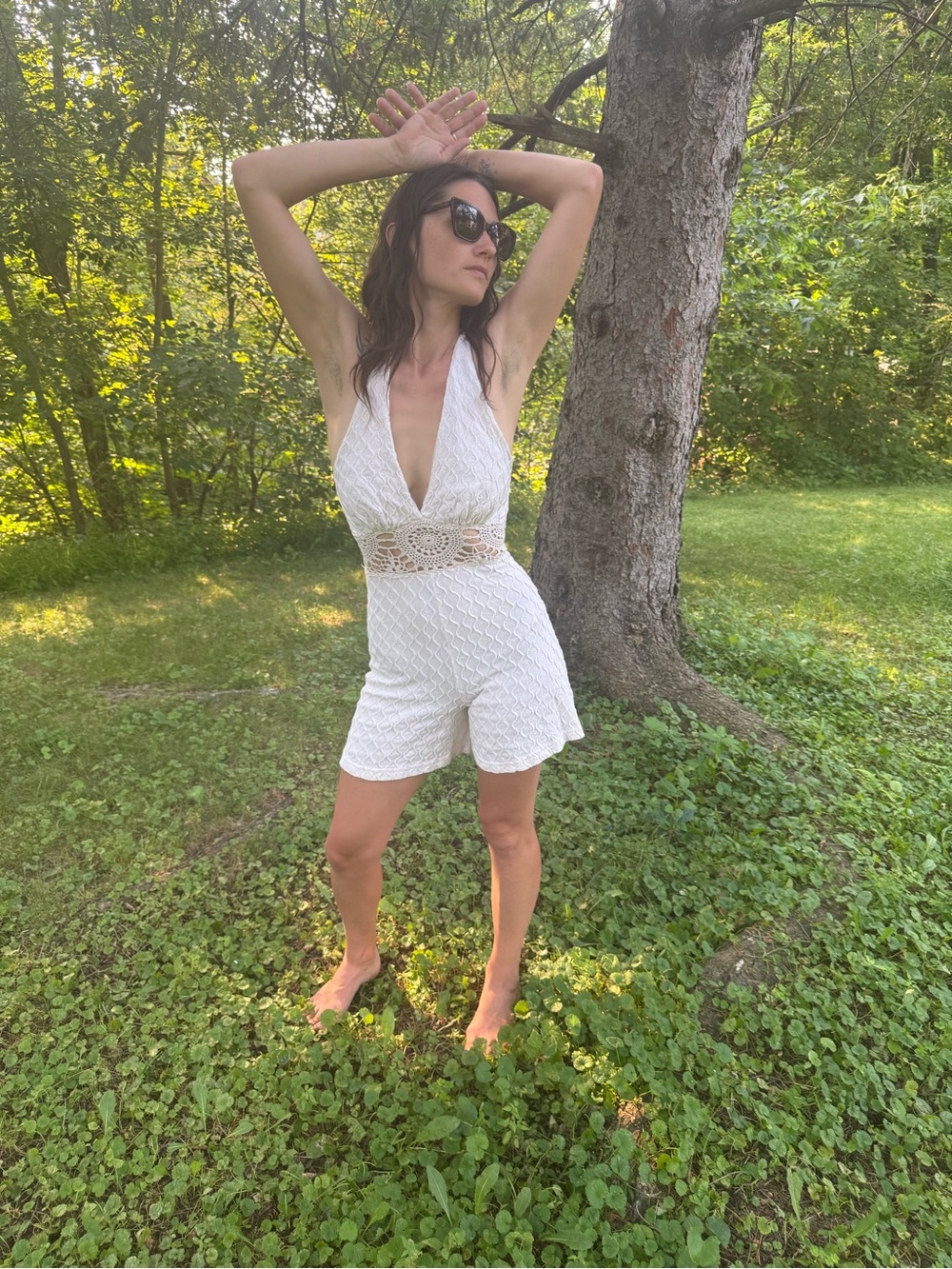 90s vintage White Crochet Halter Romper boho bridal summer festival